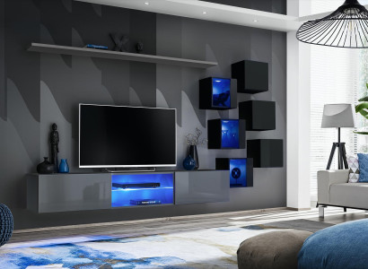 Set Modern Grau Einrichtung Wohnwand TV-Ständer Sideboard Holzmöbel Wandschrank